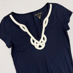 Lilly Pulitzer Navy Blue Pima Cotton Rope Trim V-Neck Shift Dress Small
